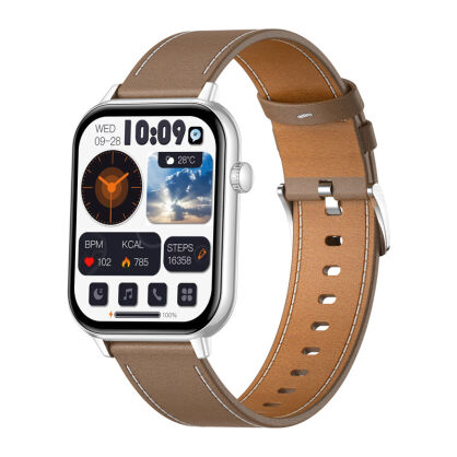 Smartwatch COLMI C28 Srebrny + brązowy skórzany pasek