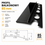 Profil aluminiowy balkonowy 85 mm 2,5 m okapnik lakier czarny RAL9005 - 2