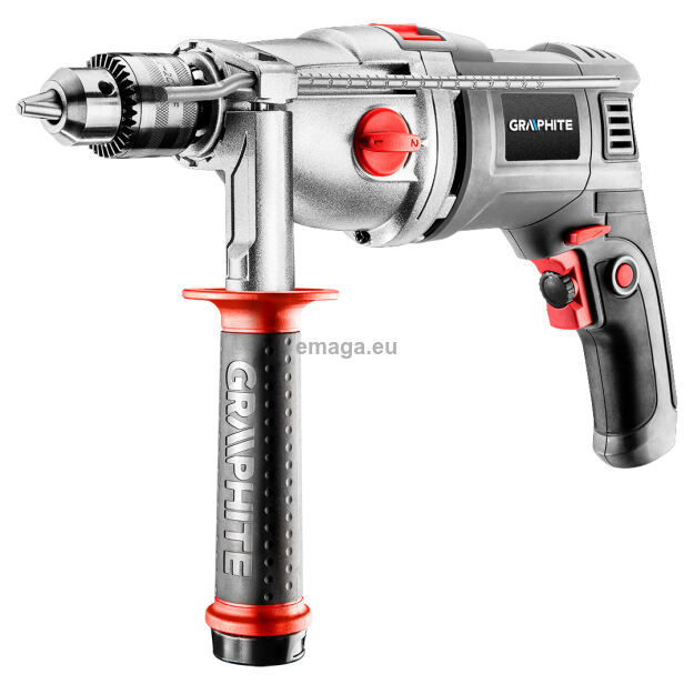 Wiertarka udarowa dwubiegowa 1050W, uchwyt kluczykowy 13 mm, obroty I: 1100, II: 3000 min⁻¹, walizka