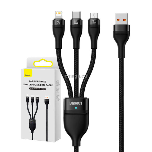 Kabel BASEUS Flash Series USB-C/micro/Lightning 1.2m 100W (czarny)