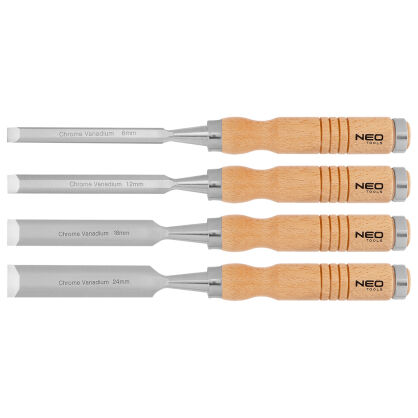Dłuta 6, 12, 18, 24 mm, zestaw 4 szt. Uchwyt drewniany
